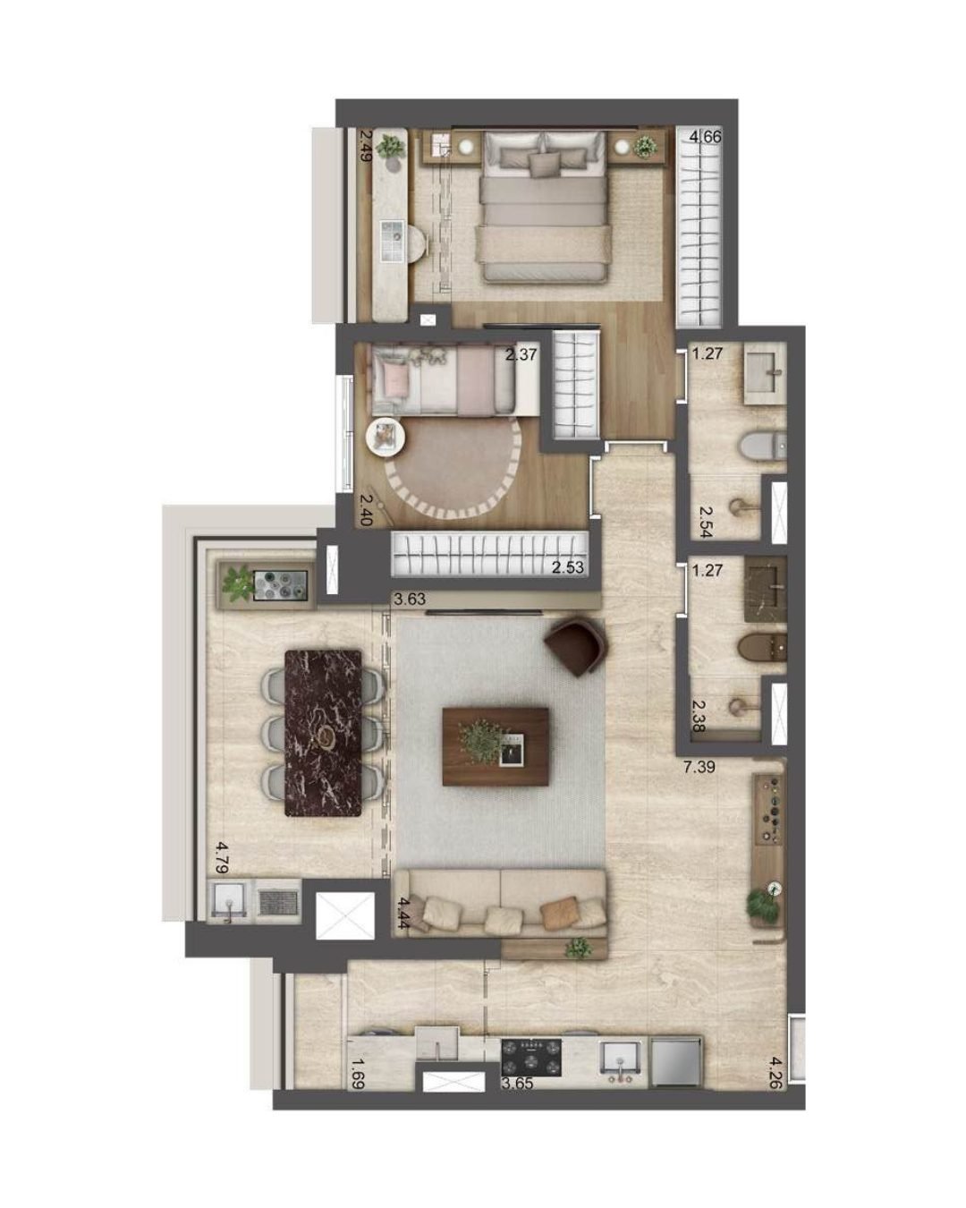 Planta baixa de 84 m², 2 dormitórios sendo 1 suíte, Torre C